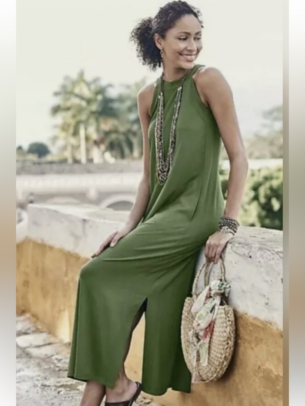 J. Jill High Neck Slub Knit Olive Green Maxi Dress